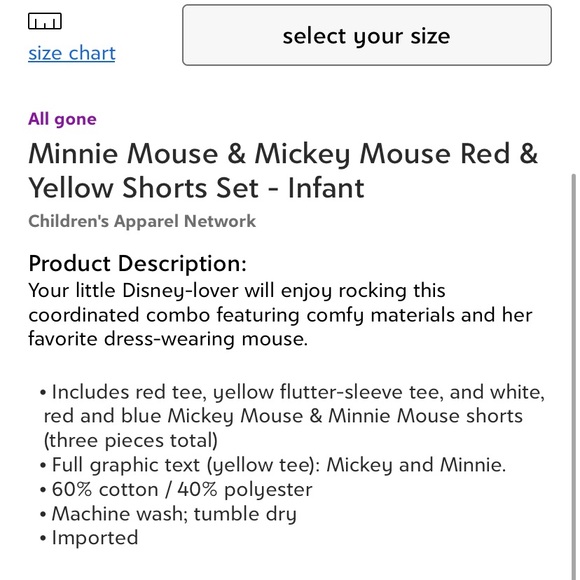 Minnie & Mickey Mouse Red & yellow Shorts Set 12m - Picture 4 of 4